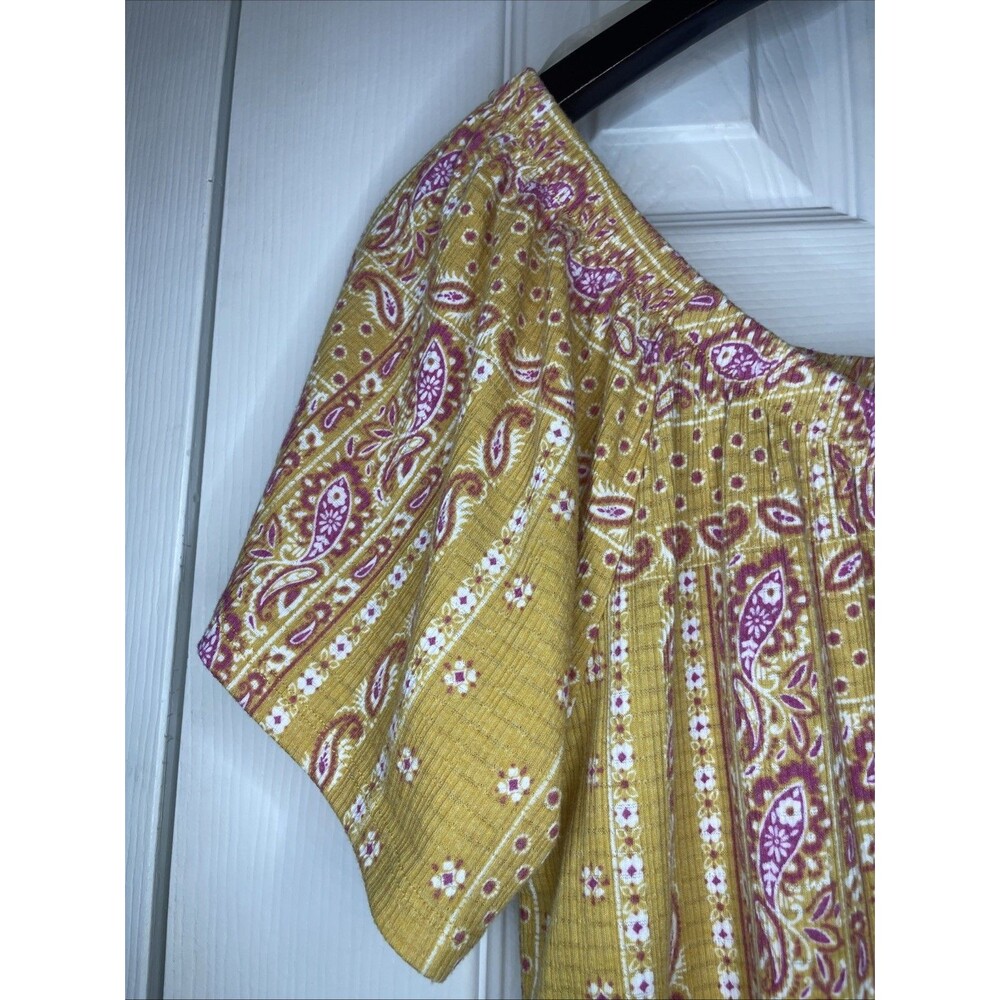 Como Blu Mustard Boho Peasant Blouse L Paisley Print Button Front Drawstring - Picture 7 of 8